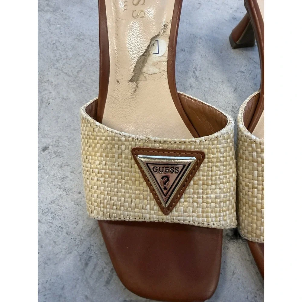 GUESS Women's Beige/Brown Raffia Logo Slide Sandals Slip-On Open Toe US 5M